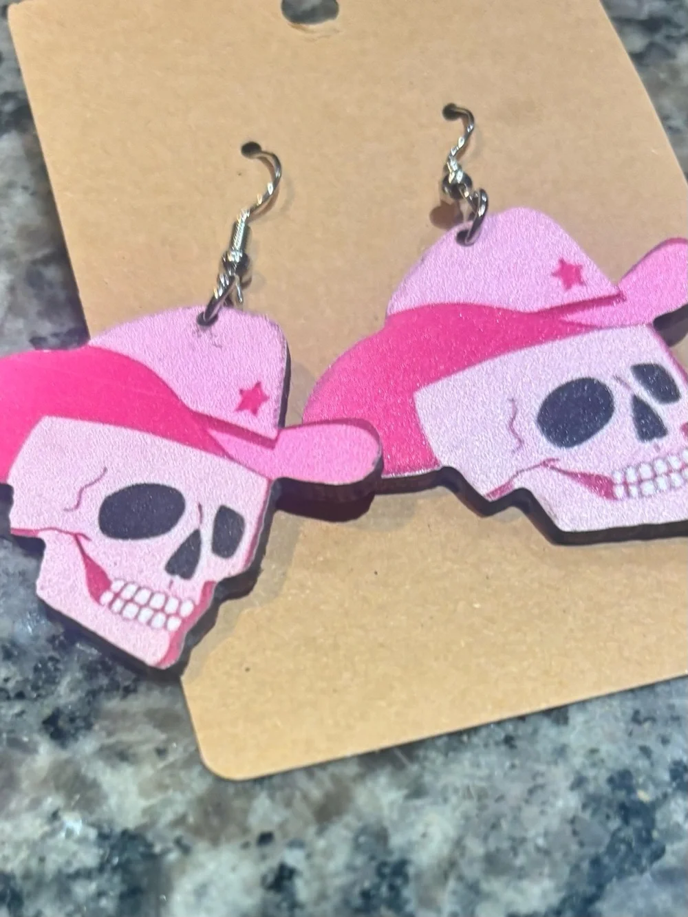 Cute Pink Cowboy Skull Earrings wood 🪵material!